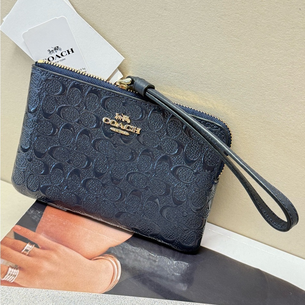 (new+tag) Coach signature monogram double zip wallet midnight navy